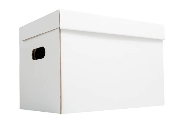 Witte archiefkartonnen doos geïsoleerd op witte achtergrond. Witte golfkartonnen doos — Stockfoto
