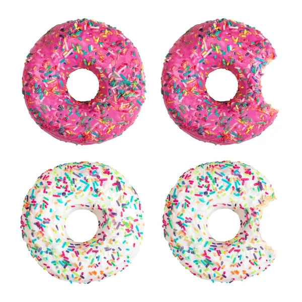 Conjunto de vários donuts decorados com polvilhas coloridas isoladas em fundo branco — Fotografia de Stock