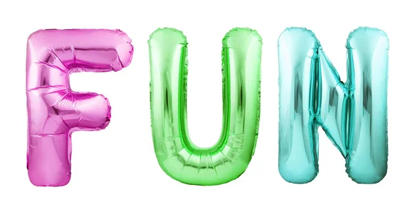 Слово FUN сделано из красочных надувных воздушных шаров, изолированных на белом фоне — стоковое фото