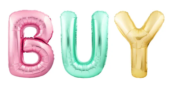 Word BUY made of colorful inflatable balloons isolated on white background — Stock Photo, Image