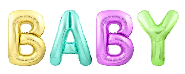 Bebé de la palabra hecho de letras inflables coloridas del globo aisladas en blanco —  Fotos de Stock