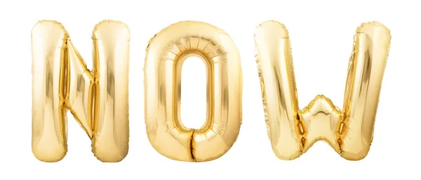 Palabra AHORA hecha de globos inflables dorados aislados sobre fondo blanco — Foto de Stock