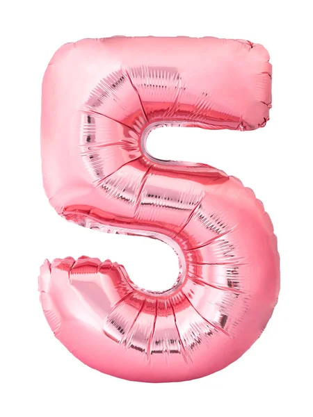 Number 5 five made of rose gold inflatable balloon isolated on white background. Discount and sale, birthday and education concept — ストック写真