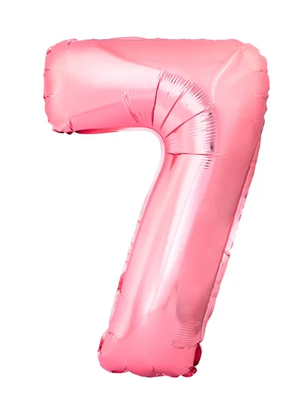 Número 7 siete hecha de globo inflable de oro rosa aislado sobre fondo blanco. Descuento y venta, concepto de cumpleaños y educación —  Fotos de Stock