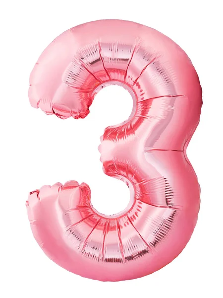 Número 3 tres hecha de globo inflable de oro rosa aislado sobre fondo blanco. Descuento y venta, concepto de cumpleaños y educación — Foto de Stock