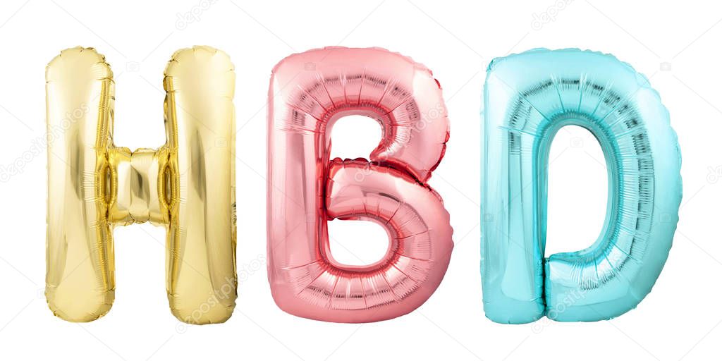 HAPPY BIRTHDAY abbreviation HBD made of colorful inflatable balloons isolated on white background