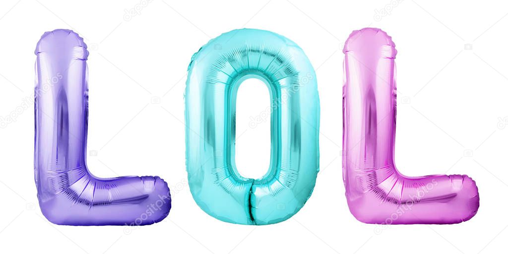 Word LOL made of colorful inflatable balloon letters isolated on white background