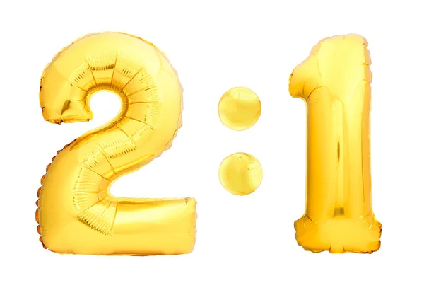 Football or hockey score 2:1 numbers two and one made of golden inflatable balloons isolated on white background. Children competition scoreboard template — Stock Photo, Image