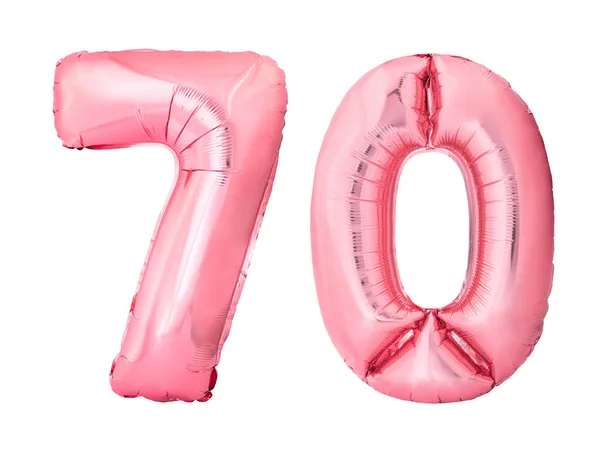 70号用玫瑰金充气气球制成，白色背景隔离。 折扣和销售或生日概念 — 图库照片
