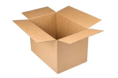 Open kraft carton box isolated on white background. Brown cardboard box with open cover
