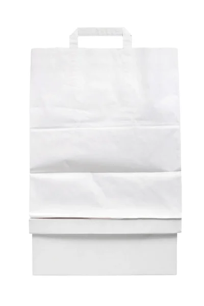White cardboard box with white bag isolated on white background — Zdjęcie stockowe