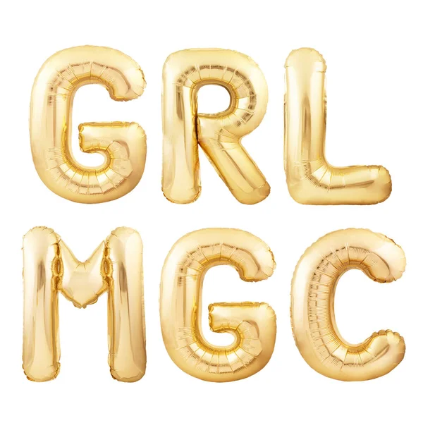 GRL MGC förkortning för GIRL MAGIC abstrakt citat av gyllene uppblåsbara ballonger isolerade på vit bakgrund — Stockfoto