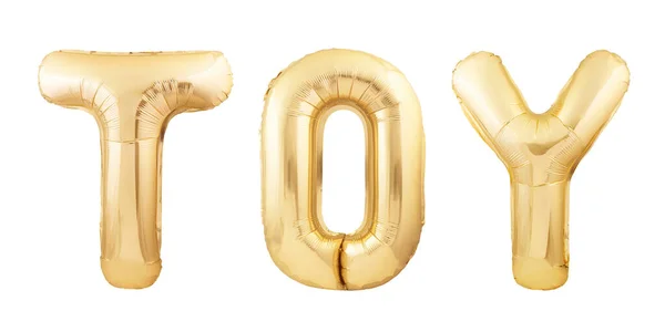 Palavra do brinquedo feita de balões infláveis dourados isolados no branco — Fotografia de Stock