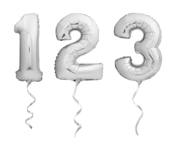 Silver numbers 1, 2, 3 made of inflatable balloons with ribbons isolated on white — Stock Photo, Image