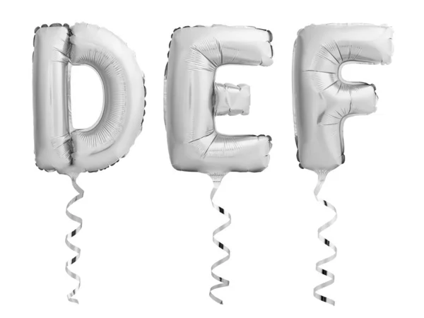 Plata cromo D, E, F hecha de globos inflables con cintas aisladas en blanco — Foto de Stock