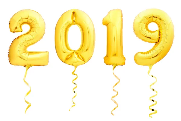 Globos Golden Christmas 2019 de globo inflable con cinta dorada sobre blanco —  Fotos de Stock
