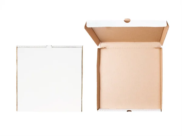 Otevřené a zavřené prázdné krabice od pizzy na bílém pozadí. Plocha — Stock fotografie