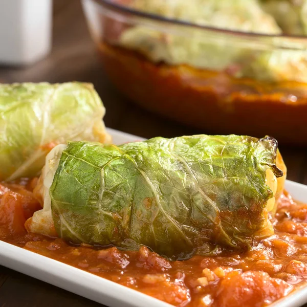 Vegetarian Baked Stuffed Savoy Cabbage Roll Filled Wholegrain Rice Pepper — Stock Photo, Image