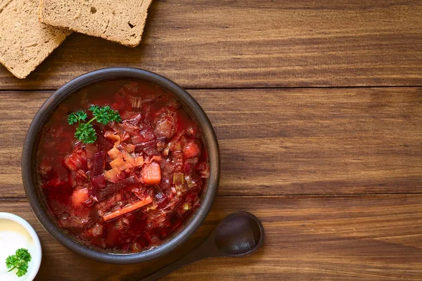 Vegetarische Borschtsch Suppe Ukrainischer Herkunft Aus Roter Bete Karotte Kohl — Stockfoto