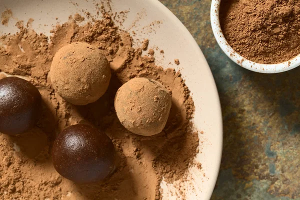 Rum Balls Being Covered Cocoa Powder Photographed Overhead Slate Natural — Stock Photo, Image