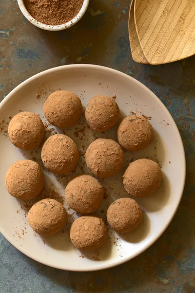 Rum Balls Covered Cocoa Powder Photographed Overhead Slate Natural Light — Stock Photo, Image
