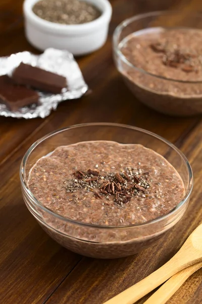 Chocolate Chia Seed Pudding Glass Bowl Chia Seeds Chocolate Shavings — Stock Photo, Image