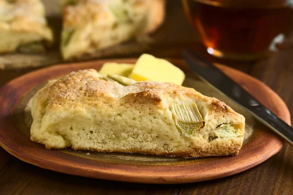 Homemade Rhubarb Scone Butter Plate Cup Tea Back Photographed Dark — Stock Photo, Image