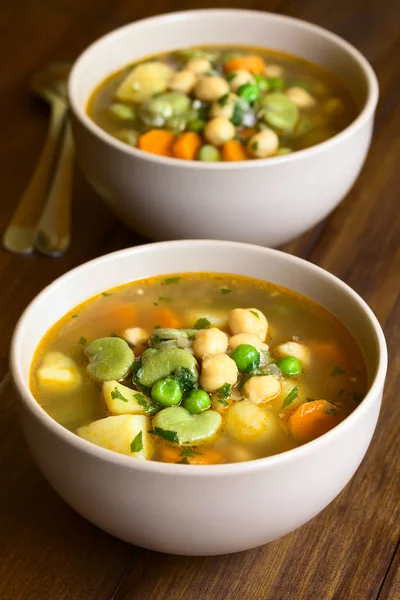 Zuppa Vegetariana Ceci Con Carota Fave Fava Piselli Patate Cipolla — Foto Stock