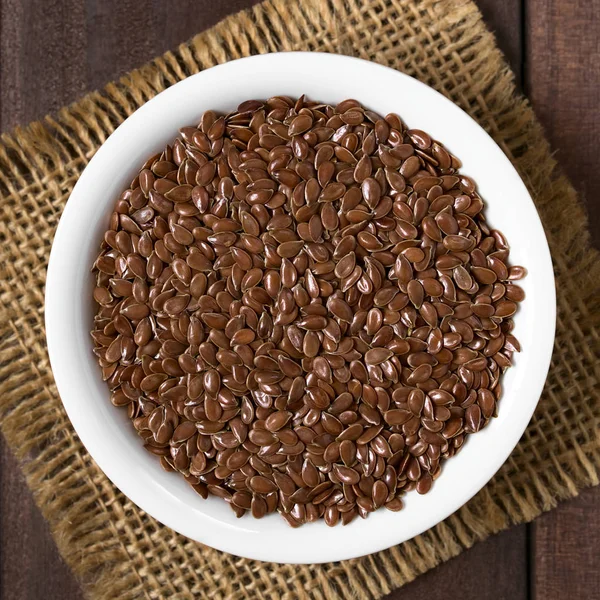 Brown Flax Seeds Linseeds Small Bowl Photographed Overhead Natural Light — Stock Photo, Image