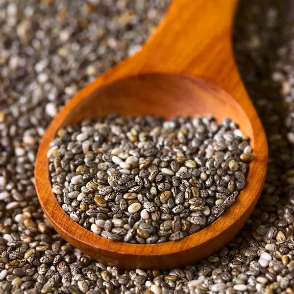 Healthy chia seeds (lat. Salvia hispanica) on wooden spoon, photographed with natural light (Selective Focus, Focus one third into the chia seeds on the spoon)