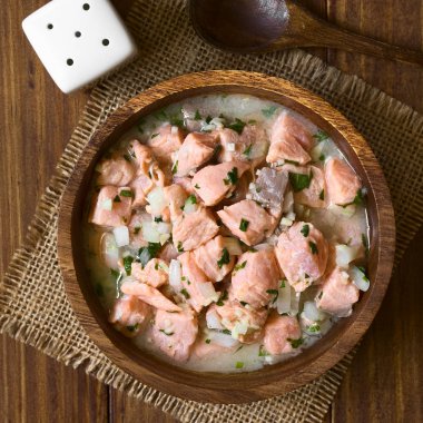 Soğan, sarımsak, taze kişniş, tuz ve limon suyu ile hazırlanan Şili somon ceviche fotoğrafı doğal ışık (seçici odak, odak üstünde ceviche ile ek yükü)