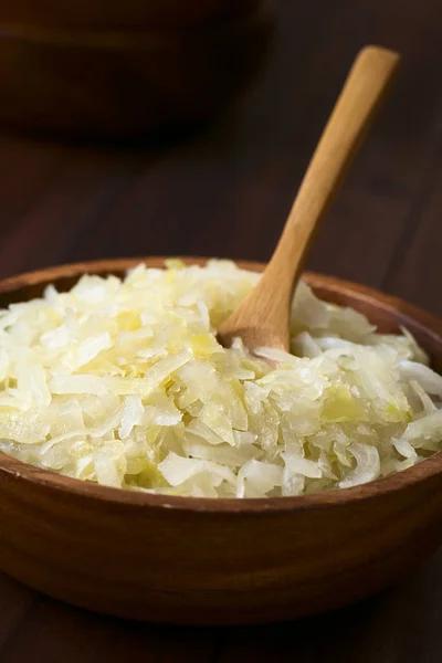 Sauerkraut Wooden Bowl Photographed Natural Light Selective Focus Focus One — Stock Photo, Image