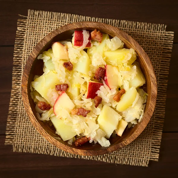 Potato Sauerkraut Apple Salad Fried Bacon Served Wooden Bowl Photographed — Stock Photo, Image