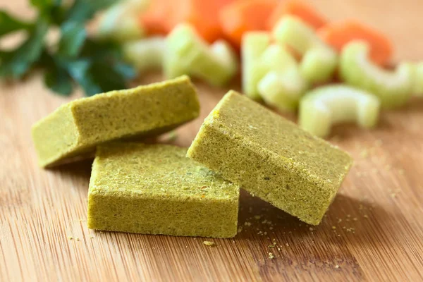 Vegetable Bouillon Stock Broth Cubes Wooden Board Parsley Fresh Celery — Stock Photo, Image