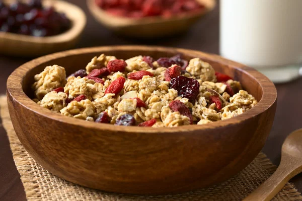 Crunchy Oatmeal Cereal Almond Dried Goji Berries Cranberries Wooden Bowl — Stock Photo, Image