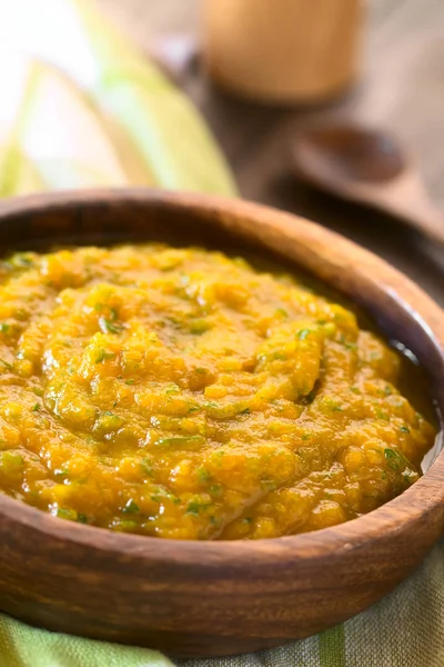 Pumpkin Parsley Puree Wooden Bowl Photographed Natural Light Selective Focus — Stock Photo, Image