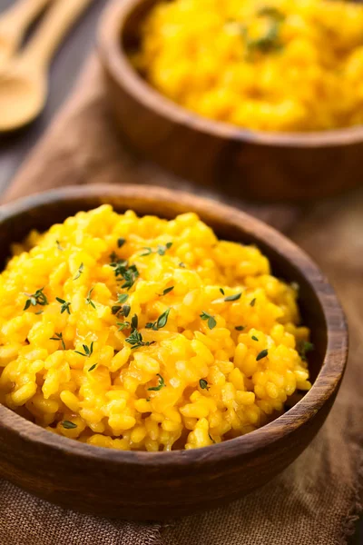 Pumpkin Risotto Prepared Pumpkin Puree Sprinkled Fresh Thyme Leaves Served — Stock Photo, Image