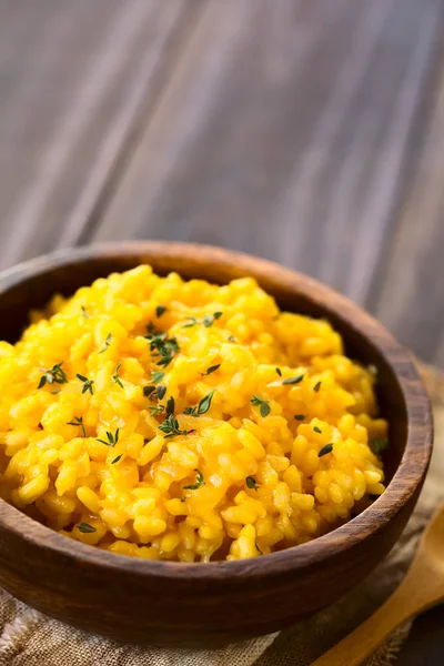 Pumpkin Risotto Prepared Pumpkin Puree Sprinkled Fresh Thyme Leaves Served — Stock Photo, Image