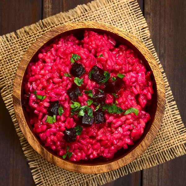 Beetroot Risotto Prepared Beetroot Puree Roasted Beetroot Pieces Parsley Top — Stock Photo, Image