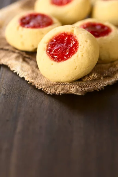 Thumbprint Christmas Cookies Filled Strawberry Jam Photographed Natural Light Selective — Stock Photo, Image