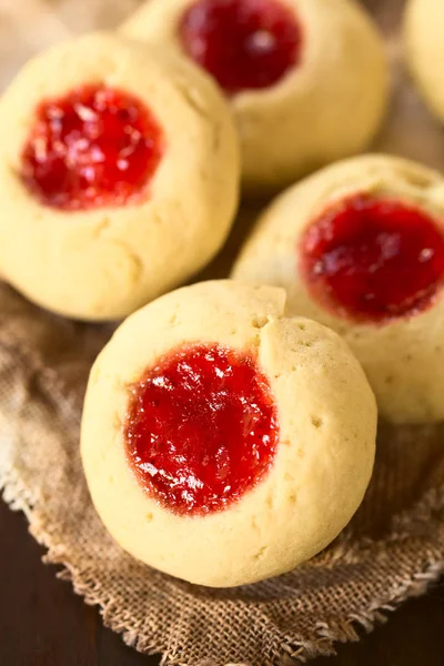 Thumbprint Christmas Cookies Filled Strawberry Jam Photographed Natural Light Selective — Stock Photo, Image