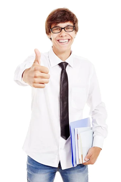 Estudante sorrindo com o polegar para cima — Fotografia de Stock