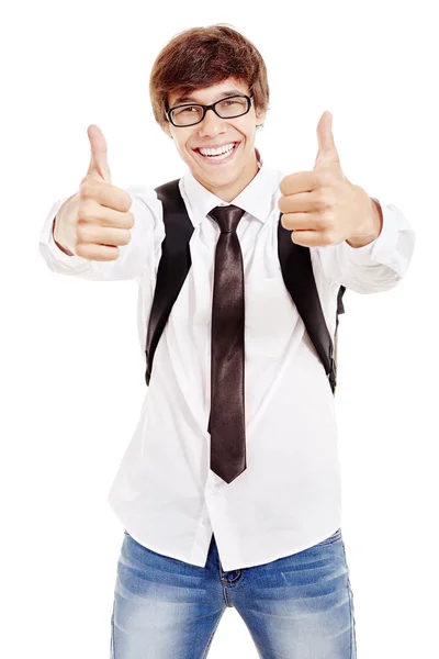 Estudante sorrindo com os polegares para cima — Fotografia de Stock