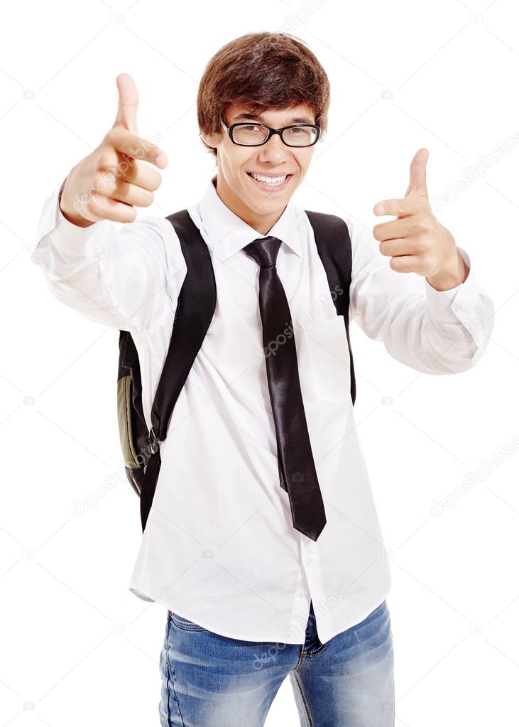 Smiling pointing student