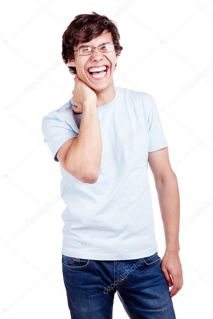 Laughing guy with hand on neck