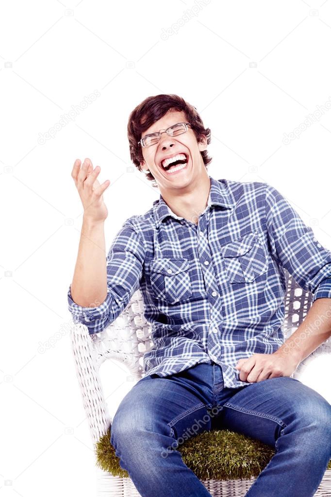 Laughing man on chair
