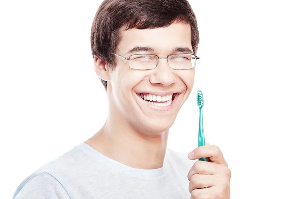 Toothy smile with brush closeup — Stock Photo, Image