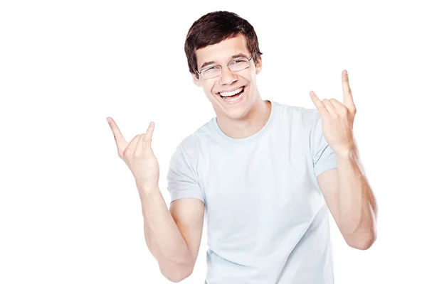 Guy showing sign of horns — Stock Photo, Image
