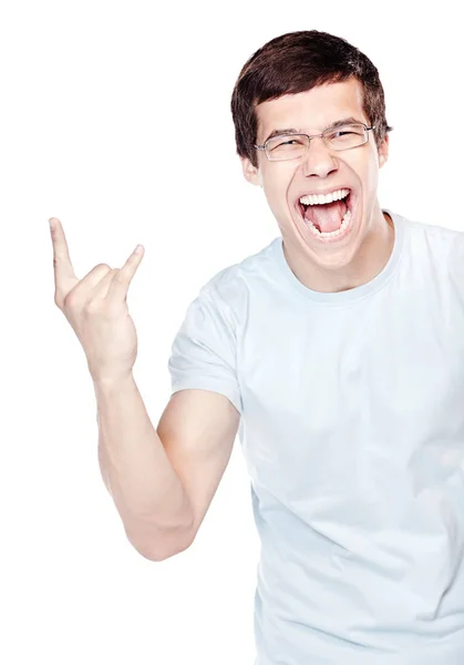 Guy showing sign of horns — Stock Photo, Image