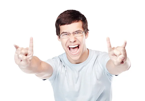 Guy showing sign of horns — Stock Photo, Image